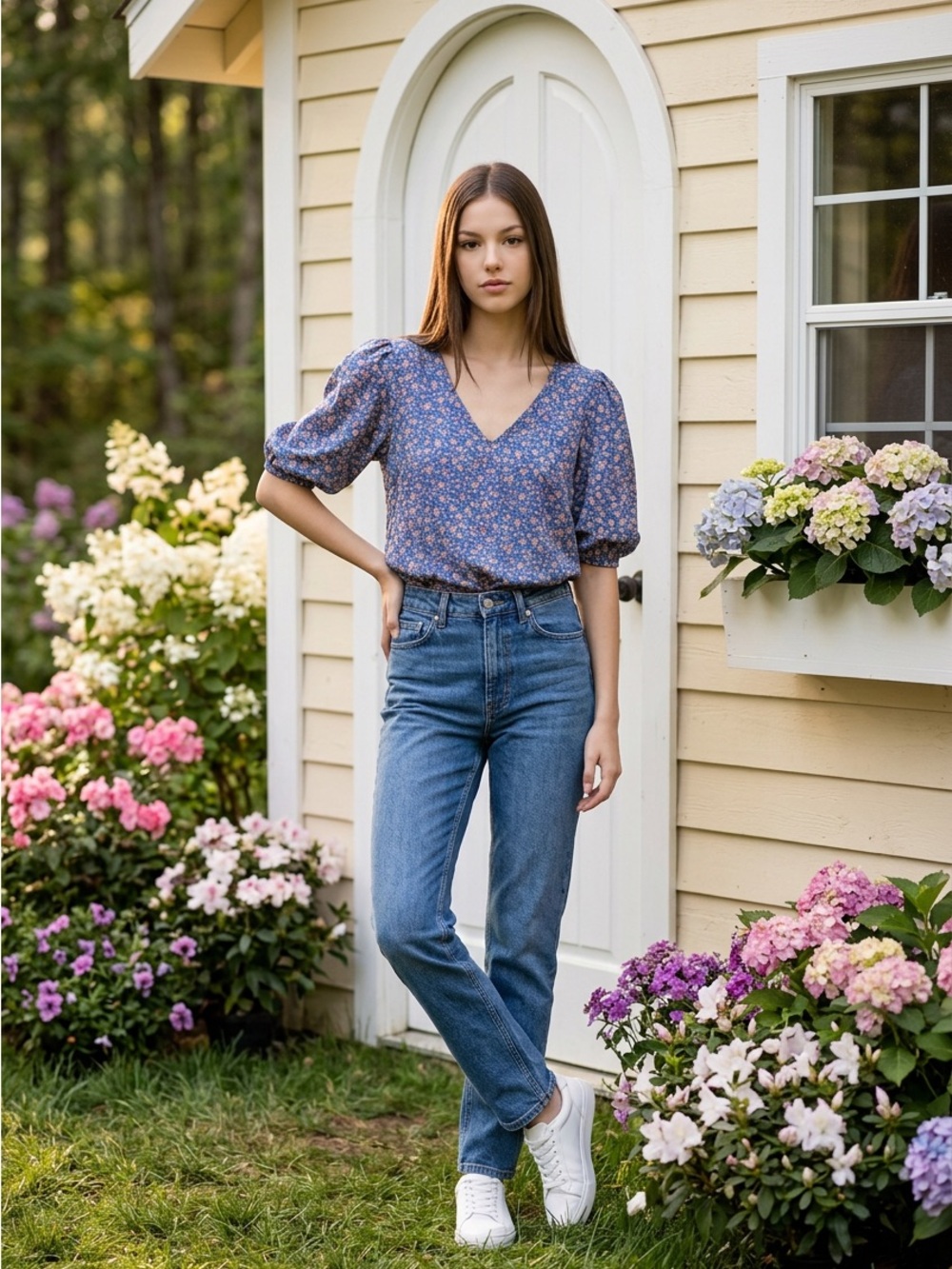 Madewell Dusty Blue Floral V-Neck Puff Sleeve Blouse